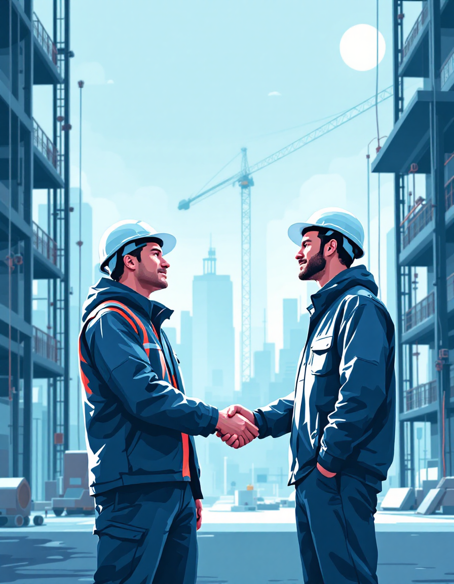 Two engineers in hard hats shaking hands on a construction site